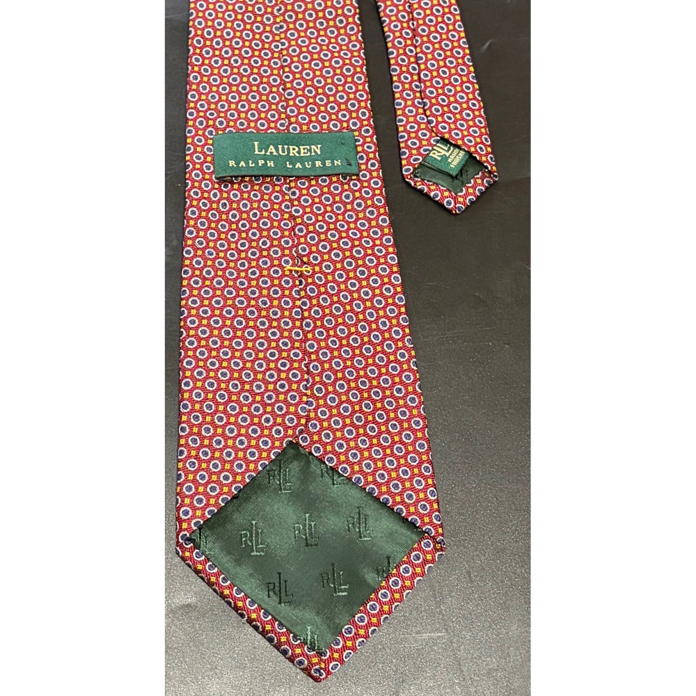 Lauren Ralph Lauren Red Navy Gold Circle Dot Luxury Silk Necktie Hand Finished